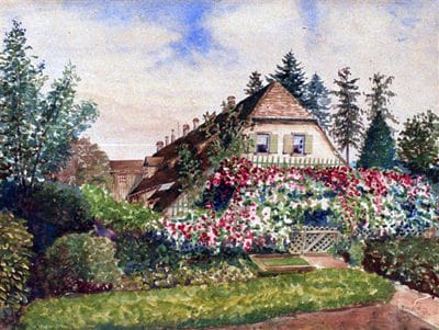 A watercolor of Arnold's cozy little house in Blättmatt