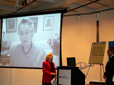 Simone Liebster speaking from France with teachers in Illinois during the workshop.