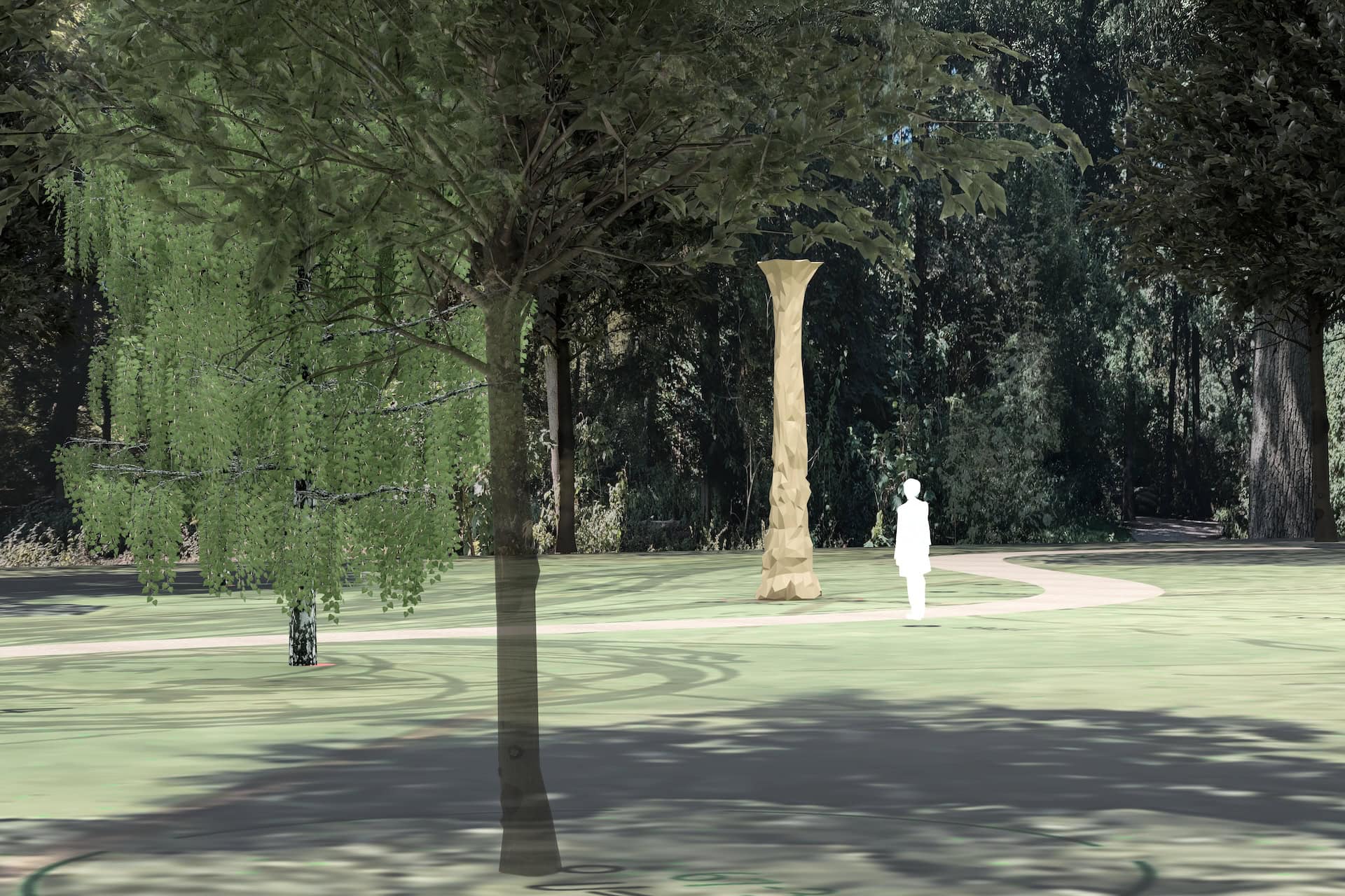 Virtuelles 3D-Modell des geplanten Mahnmals für die im Nationalsozialismus verfolgten und ermordeten Zeugen Jehovas: Eine schlanke, helle Steinsäule mit facettierter, organisch geformter Oberfläche steht auf einer offenen Lichtung, umgeben von Laubbäumen. Eine weiße Figur als Maßstabsreferenz verdeutlicht die Höhe des Mahnmals von etwa vier bis fünf Metern. Bildsynthese von Matthias Leeck, 2026.