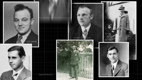 Sechs historische Schwarz-Weiß-Fotografien von Männern in Anzügen aus den 1930er/40er-Jahren, collageartig auf einem dunklen Raster-Hintergrund angeordnet. Die leicht schräg gestellten Porträts zeigen Bibelforscher (Zeugen Jehovas), die während des Nationalsozialismus verfolgt wurden. Unter den abgebildeten Personen sind unter anderem Kurt Liebold, Gerhard Liebold und ein Mitglied der Familie Kusserow zu erkennen.