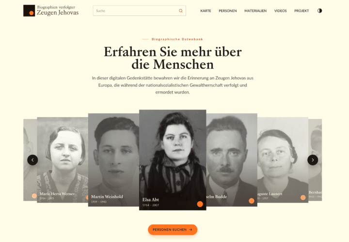 Screenshot of the biographical database showing portraits of persecuted Jehovah’s Witnesses and the German heading ‘Erfahren Sie mehr über die Menschen’.