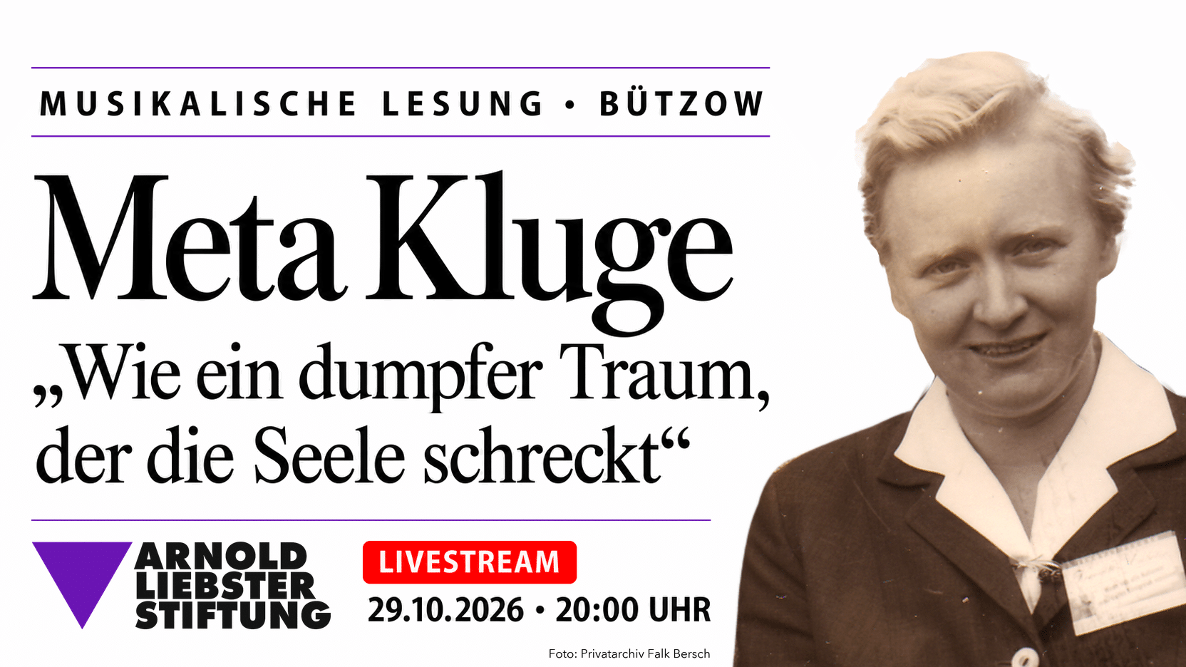 Meta Kluge auf dem Vorschaubild zur musikalischen Lesung aus Bützow am 29. Oktober 2026 um 20:00 Uhr.